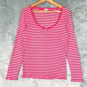Juicy Couture Henley Top‎ XL Y2K Pink Striped Ribbed Casual Shirt Scoop Neck